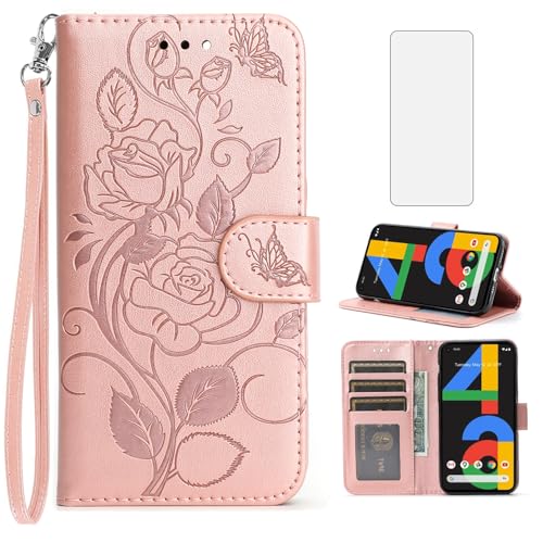 Asuwish Phone Case for Google Pixel 4a 4G with Tempered Glass Screen Protector Cover and Wrist Strap Card Holder Slot Stand Flip Cell Accessories Wallet Pixel4a Pixle a4 5.8 2020 Women Men Rose Gold