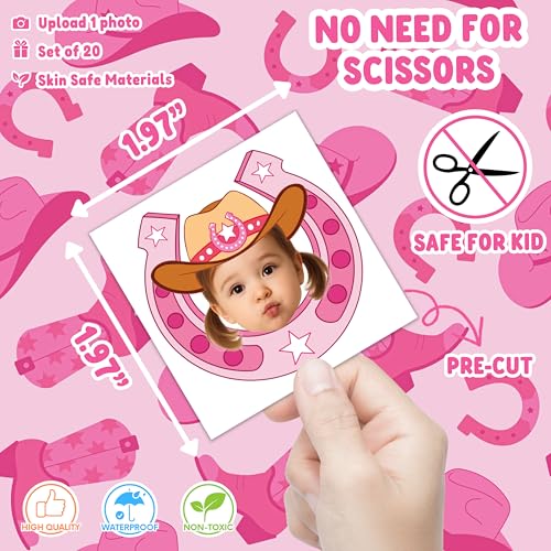 Image of Custom Cowgirl Temporary Tattoos for Kids | Personalized Pre-Cut Face Photo, Birthday Party Favors for Girls, Set of 20, Unique Celebration Gifts