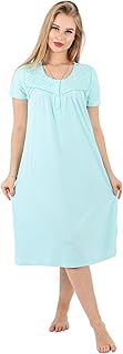 قميص نوم مطرز ملابس نوم ناعمة ومزود بمسامات للتهوية بمقاس كبير من القطن للنساء، فستان نوم قصير الأكمام مع زر أمامي (من ميديوم M إلى اكس اكس اكس اكس اكس لارج 5XL)