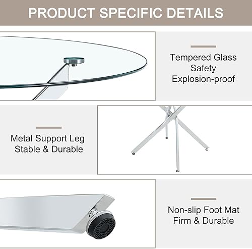 Miniatura 14 de Mesa redonda de comedor de vidrio para 2 a 4, moderna mesa superior de vidrio templado, patas cromadas resistentes, almohadillas ajustables, mesa de