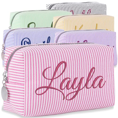 TERRALIX Personalised Seersucker Makeup Bag with Embroidered Name&Birth Flower Custom Cosmetic Toiletry Travel Bag Personalised Gifts for Women Girls (Style 1)
