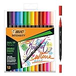 Bic Intensity Felt Tip Pens, Dual Tips with Fine and Brush Tips, Vibrant Colouring Pens, School Supplies for Kids or Adults, 12 Pack