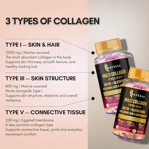 Image of Multi Collagen Complex Tablets - 3000mg . Types I, III & V | 18 Actives: Reduced Glutathione, Hyaluronic Acid, Astaxanthin & Biotin | Skin, Hair & Nail Daily Beauty Nutrition | 90 Tablets (30 Days)