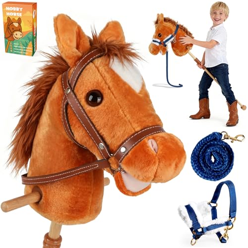 IEEILULU Hobby Horse Steckenpferd Kinder Braun Holzpferd für Draußen mit Hobby Horse Trense Räder und Griffe für Garten Geburtstag & Reitspiele (Braun)