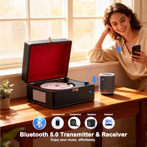 Image of CD Player Portable Bluetooth, Black Retro CD Player for Home Music Player, Rechargeable Battery & Built-in Speakers, with Led Display, Headphone Jack, USB & AUX Playback, for Music Lovers(Black)
