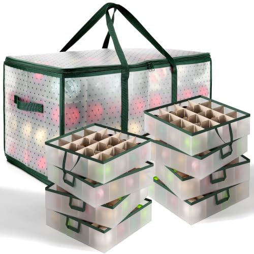 Image of Hearth & Harbor Christmas Ornament Storage Box With 8 Inner Tray Dividers - Plastic Ornament Storage Container For 128 Holiday Ornaments or Decorations - Green