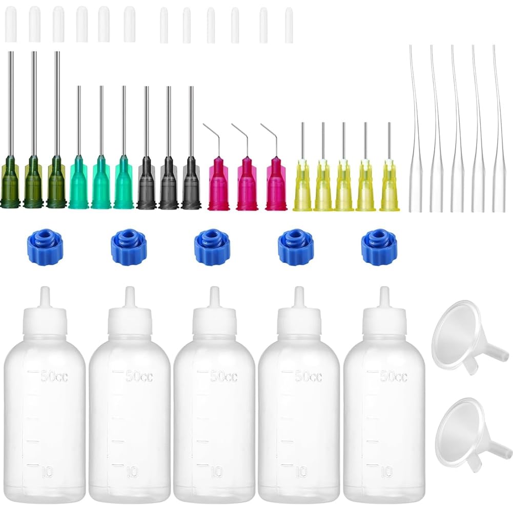 Vjsujehgy 50Ml Glue Tip Applicator Bottle, Needle Tip Squeeze Bottle, 14Ga 16Ga 18Ga 20Ga 25Ga Storage Cap Set 2