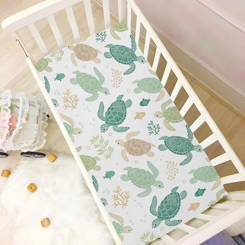 Image of Sea Turtles Crib Sheet for Boys Girls, Super Soft Breathable Fitted Crib Sheet for Standard Crib & Toddler Mattress, Nursery Sheet, 28x52 in