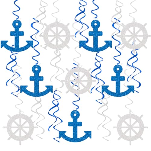 20PCS Nautical Hanging Swirls - Ship Anchor Baby Shower Party Supplies, Nautical Sailor Birthday Bachelorette Party Hanging Decor, Foil Swirls Ceiling Decorations