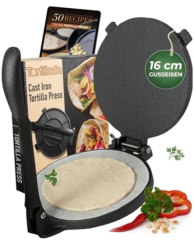 Tortillada - Tortilla Presse/Quesadilla, Roti Maker aus Gusseisen mit Rezepten inkl. E-Book mit 50 Tortilla Rezepten (16 cm)