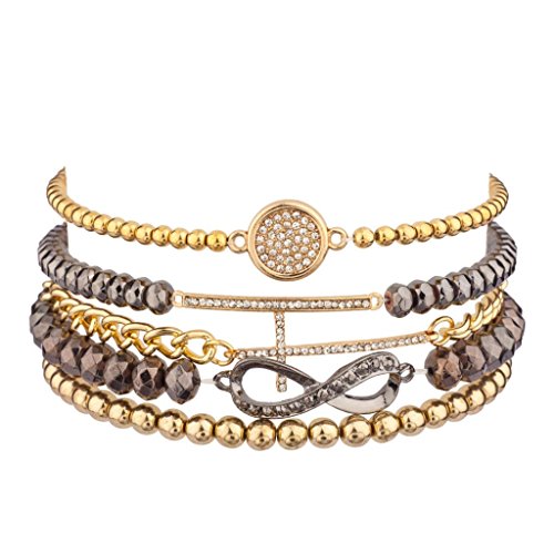 LUX ACCESSORIES Infinity Pave Circle T Beaded Stretch Arm Candy Chain Link Friendship Set