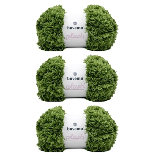 Image of Buvmeu Plush Faux Fur Bulky Yarn, Super Soft Fluffy Fuzzy for Knitting Crocheting Crafting, 100 Gram (3.53 Ounces) 109 Yards (100 Meters) (Grass) (3 Skeins)
