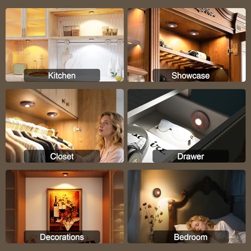 Image of UNUSROOM Rechargeable Puck Lights with Remote Control,2000mAh High Capacity Battery Operated LED Under Cabinet Lighting,Dimmable Tap Stick On& Wireless Closet Light for Kitchen Counter