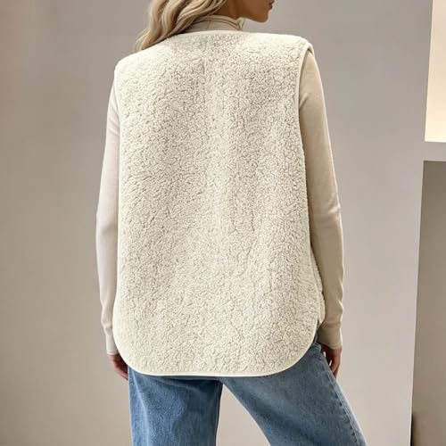 Womens Sherpa Fleece Vest Button Front Crew Neck Pockets Casual Fall Layer - image 7