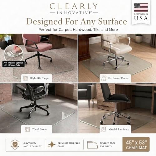 Image of Tempered Glass Office Chair Mat for Carpet & Hardwood, 45 inch x 53 inch, Clear