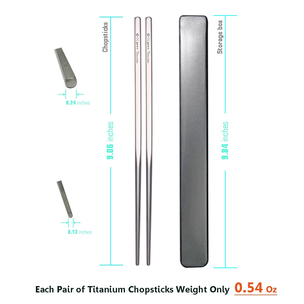 Palillos de titanio, CG Gears 2 pares de palillos con estuche de viaje de plástico para sushi, fideos, arroz, ramen y cocina japonesa. (9 pulgadas)
