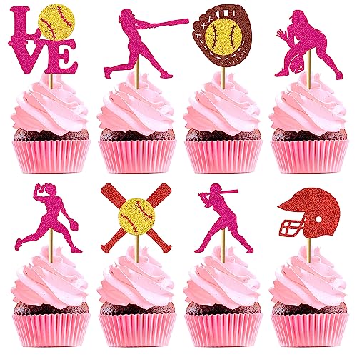 24Pcs Softball Cupcake Topper Decorations Glitter Softball Birthday Cake Decorations for Girls Baby Shower Party Decorations Supplies