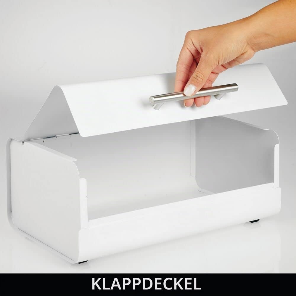mDesign Brotkasten aus Metall - eleganter Vintage Brotkasten - Brotkasten mit Deckel für Backwaren - Weiß Matt