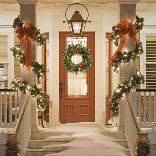 Somyting Artificial Christmas Wreath, 24” Large Pre-Lit Christmas Front Door Wreath With Red Bells, Red Berries, Pine Cones,Ball Ornaments Handcrafted Farmhouse Wreath Christmas Decorations #TOP6