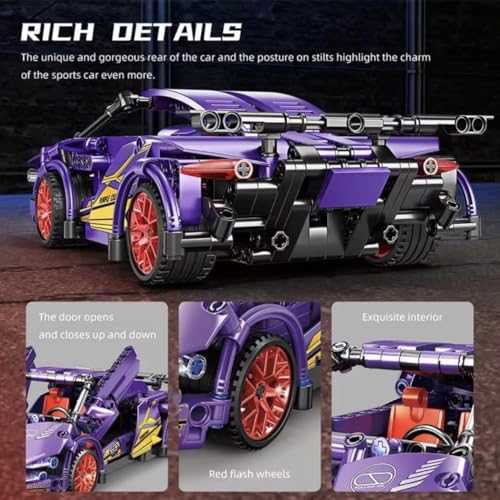 Image of 1:18 Scale Racing Pull-Back Supercar Building Blocks Set | Car Model Kit with Gold Sport Rims | DIY Construction Toy,Compatible with Major Bricks,Ideal Gift for Kids (1:18 Purple Lambo [470pcs])