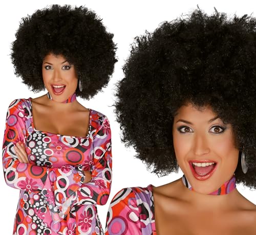 FIESTAS GUIRCA | Peluca Afro Negra Extra (Talla Única) - Accesorio de Disfraz para Fiestas Temáticas de los Años '60, '70 y '80 - Ideal para Estilo Hippie y Celebraciones Retro - Mujer Adulta - Negro
