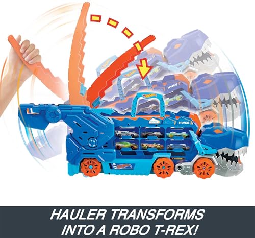 Image of Bundle of Hot Wheels City Track Set, Ultimate T-Rex Transporter, Hauler Transforms into Stomping Dino with Race Track + Hot Wheels Set of 10 Toy Trucks and Cars, Styles May Vary (Amazon Exclusive)