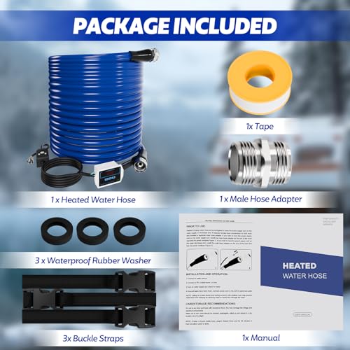 Image of 100 FT Heated Water Hose for RV, Heated RV Freshwater Hoses with Fittings, -45 ℉ Antifreeze Drinking Water Pipe, Automatic temperature shut-off for electrically heated Garden hoses, RV Accessories