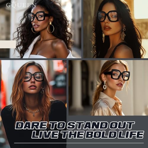 GQUEEN Übergroße Fake Brille Ohne Stärke Damen Herren Dicker Großer Eckenrahmen Retro Mode Klare Gläser UV400,Schwarz
