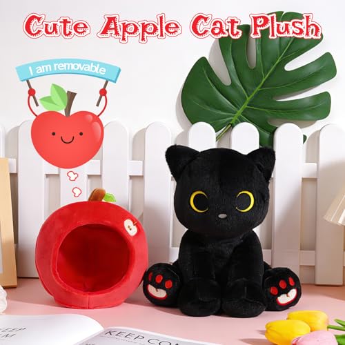 Image of Black Cat Plush - 8inch Cute Stuffed Cat with Red Apple Hood, Creative Fruit Plush Back to School Gifts for Teacher, Kids, Soft Kitten Plushies for Boys Girls, Birthday Gifts