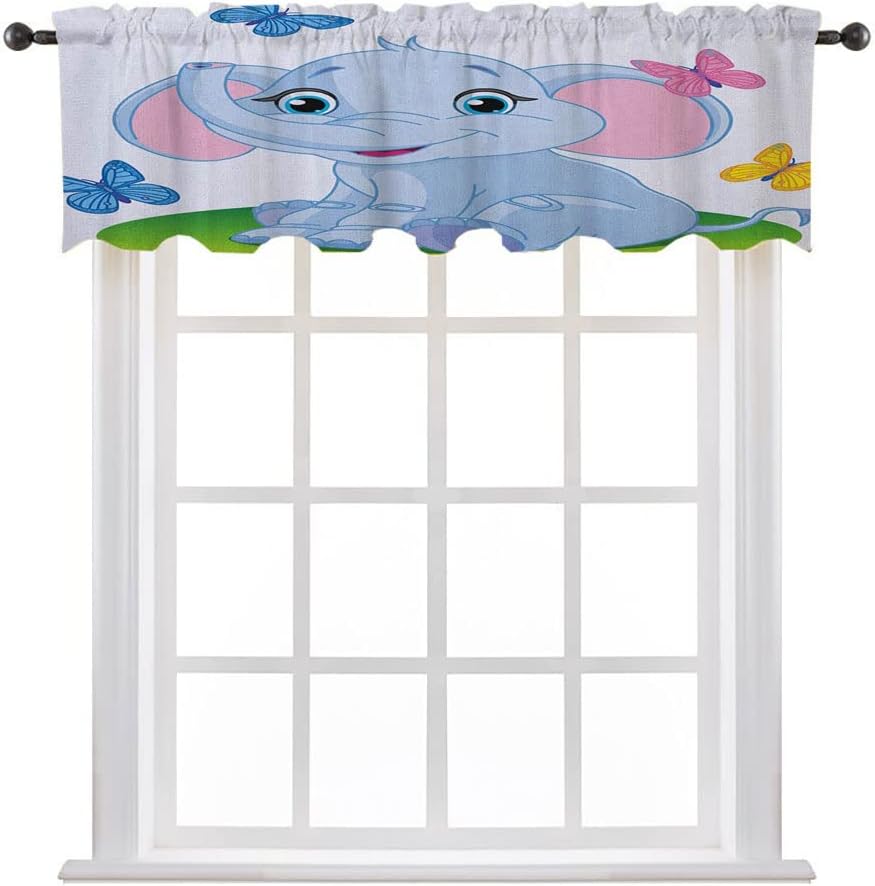 Valance Curtains, Nursery Decor Curtains, Cute Baby Elephant Sitting on The Meadow in Spring, 60" W x 18" L, Kitchen Windows Bathroom Bedroom, Baby Blue Pink Green