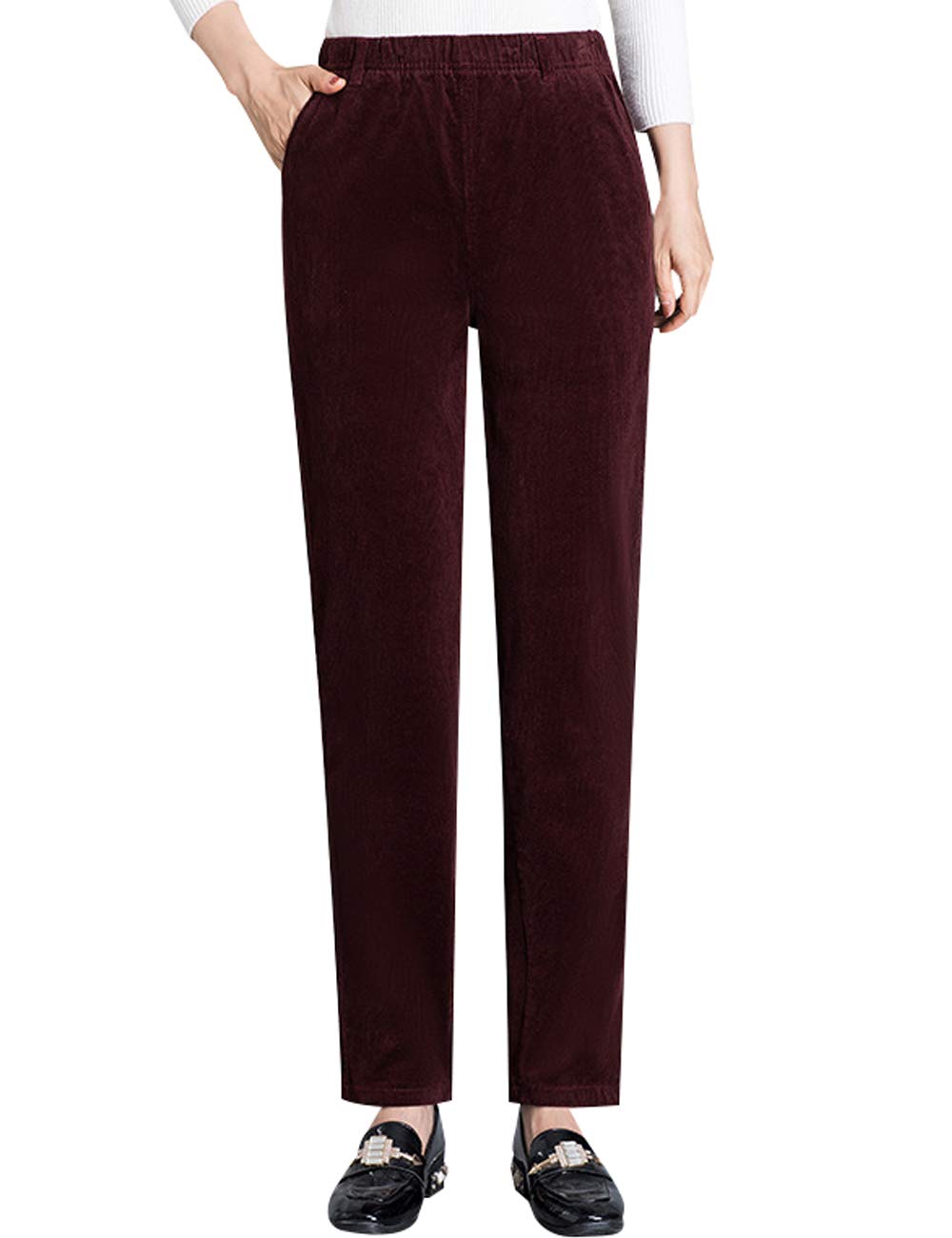 Bigassets Women's Elastic Waist Straight Trousers Corduroy Pants Burgundy XXL