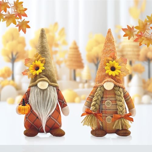 Calenxy 2 Stück Herbstdeko Wichtel, Herbst Dekoration Wichtel Figuren mit Ahornblatt Kürbis Deko, Herbstdeko Zum Aufhängen Plüsch für Erntedankfest Weihnachten Tisch Baum deko