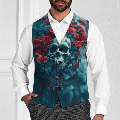 Rose Skull Men's Suit Vest Waistcoat Vests Formal Dress with 2 Pockets for Business Casual Tuxedo2