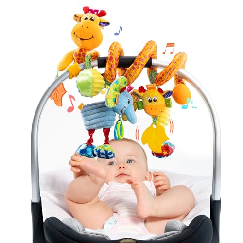 Image of Jollybaby Crib Stroller Car Seat Toys for Baby 0-3-6-9-12 Months, Tummy Time Hanging Sensory Toys for Newborn with Music Box and Teether, Spiral Carseat Toy for Infant Boys Girls Gifts (Giraffe)