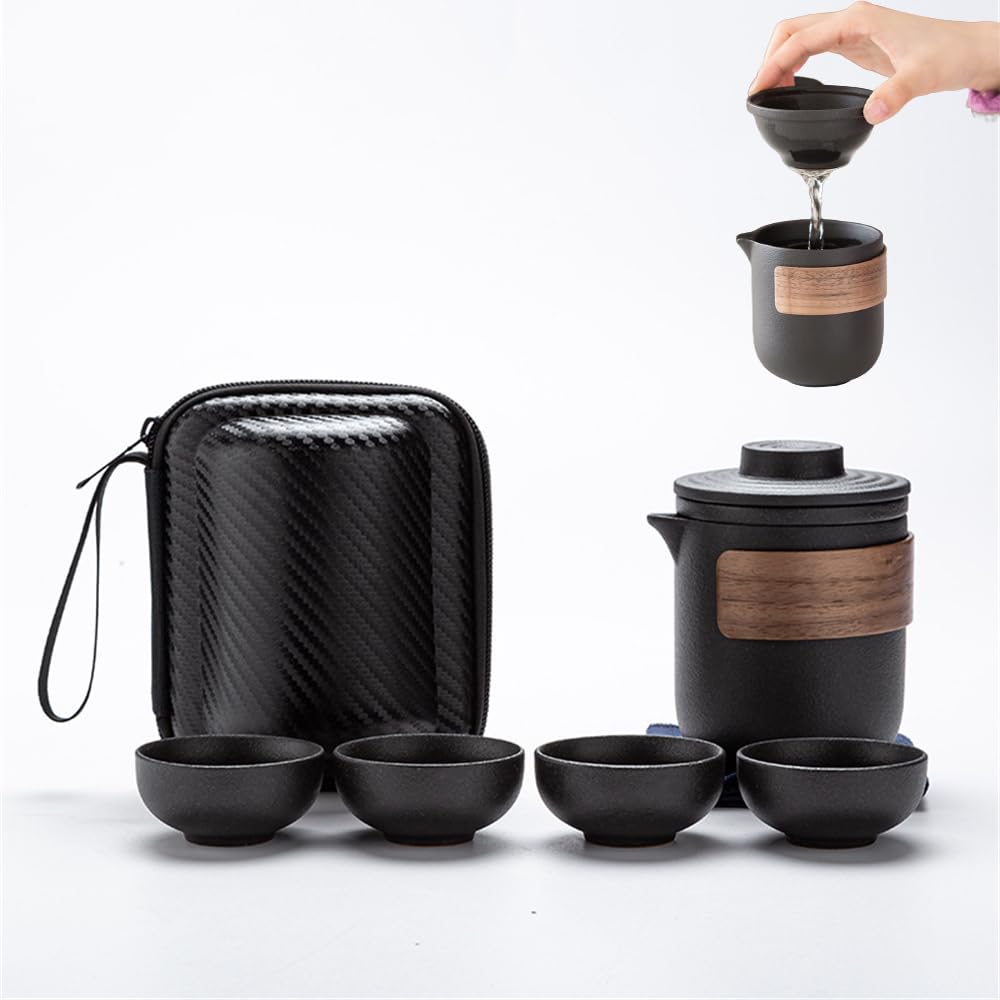 Azonee Tea Set, Chinese Tea Set, Kung Fu Teapot Set, Ceramic Portable Travel Tea Set with 1 Teapot and 4 Cups Used for Tea Coffee, Suitable for Home, Outdoor, Office, As A Gift for Women