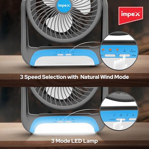 Image of Impex BLDC Rechargeable Fan with LED Lamp | 2400mAh Battery | High Speed 2650 RPM Portable Fan | 3 Speed Silent Operation with natural wind mode | Personal Mini Fan | USB-C Charging | 1 Year Warranty