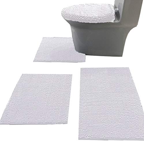 Photo 1 of Madeals Bath Rug Set 4 Piece with Toilet Lid Cover and Rug Set Combo, Soft Shaggy Bath Rug Set 3 Piece and U-Shaped Toilet Floor Rug White 3 Piece Bath Rug Set And Toilet lid Cover White