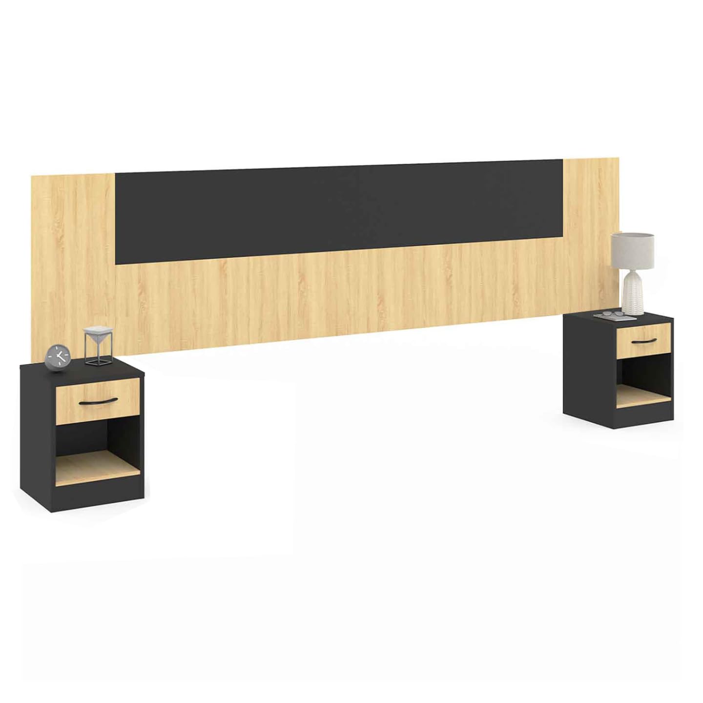 IDMarket - Headboard with legs with modular bedside table SAPA for 140, 160 or 180 cm beds, wood and black