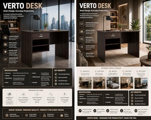 Image of 116x75x56CM Engineered Wood Verto Study & Office Table with Smooth Lockable Drawer and 2 Shelves for Storage | Sturdy DIY Counter, Commercial Table- Wenge