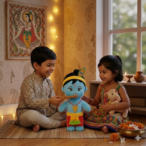 Image of AVSHUB Baby Krishna with Flute Cute Kanha Stuffed ToyPlush Toy Cute Soft Doll, Best Return Gift for Infants, Toddlers & Kids (Medium - 30 Cm, Without Music)