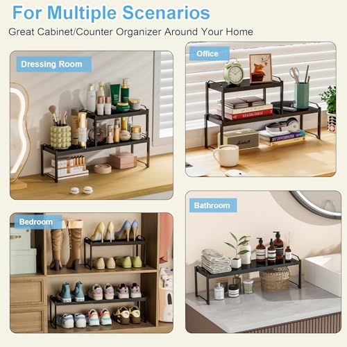 Image of X-cosrack 25.5 Inches 2 Pack Expandable Cabinet Shelves, Stackable Shelf Organizer for Kitchen Cabinet Countertop Storage, Adjustable Counter Cupboard Pantry Organizer Shelf Rack Stand Riser, Black