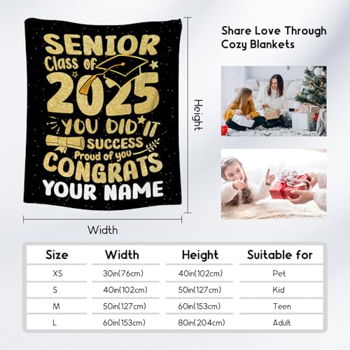 Personalized Graduation Blanket - Custom Class of 2025 Graduation Gifts for Her or Him - 40"x50" Flannel Soft Throw Decorations - Senior 2025 Gold Blankets for College, High School