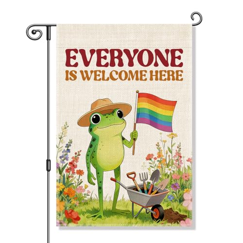 Vgrti Everyone is Welcome Here Pride Garden Flag, Inclusion Kindness Diversity Equality Yard Banner, Funny Frog Flag, LGBTQ Pride Month Banner, Welcome Home Community Lawn Liberal Outdoor Decor