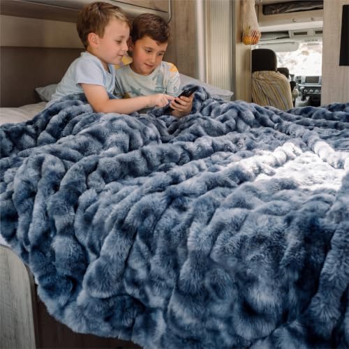 Image of Bedsure GentleSoft Bubble Faux Fur Blankets Queen Size, Fluffy Fuzzy Queen Blanket for Bed, Soft Cozy Faux Fur Bedding for Winter, Thick Warm Plush Bed Cover, Tie-dye Blue, 90x90