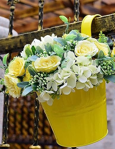 Wensmy 4PCS Metal Hanging Plant Flower Pots with Drainage Hole Fence Balcony Railing Planters Outdoor Garden Pots with Detachable Hooks (Yellow) - Image 2
