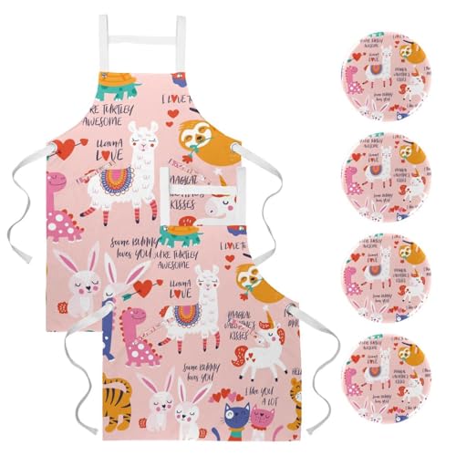 Lot de 2 tabliers de cuisine avec 4 broches à motif dinosaure et lama