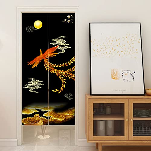 Ligicky Chinese Style Japanese Noren Doorway Curtain Traditional Golden Phoenix Great Wall Full Moon Printed Asian Window Treatment Hanging Door Tapestry For Sushi Kitchen Home Decor 33.5" X 70.9" #TOP3