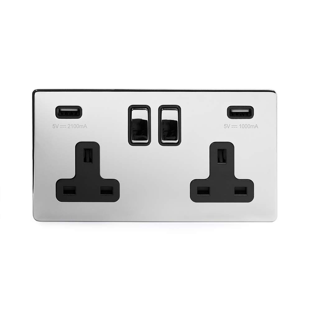 The Soho Lighting Company White,Black Soho Lighting Polished Chrome 2 Gang Double 3.1 Amp Usb Plug Socket Black Insert Screwless