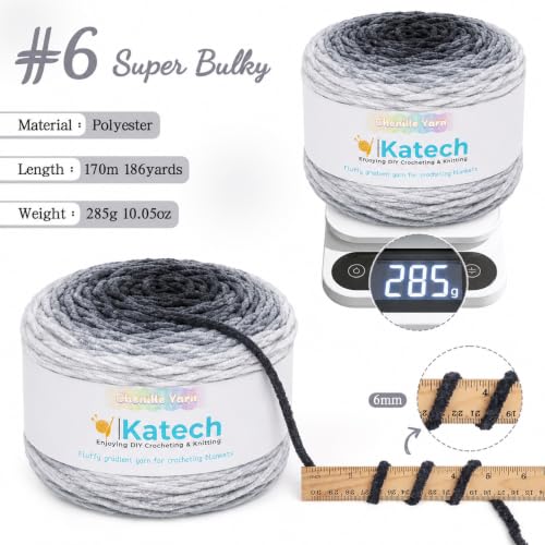 Image of Katech Ombre Cnenille Yarn for Crocheting-2 Pcs of 285g /10oz-6 Super Bulky