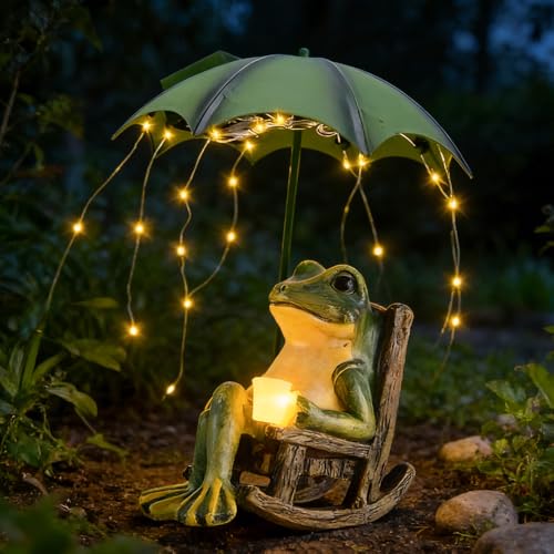 Mineup Solar Frosch Statue, Deko Frosch für Draußen, Outdoor Solar Frosch Garten, Frosch Deko Garten mit Wasserdicht Lichterketten, Lustige Regenschirm Frosch Statue für Terrasse Rasen Teiche